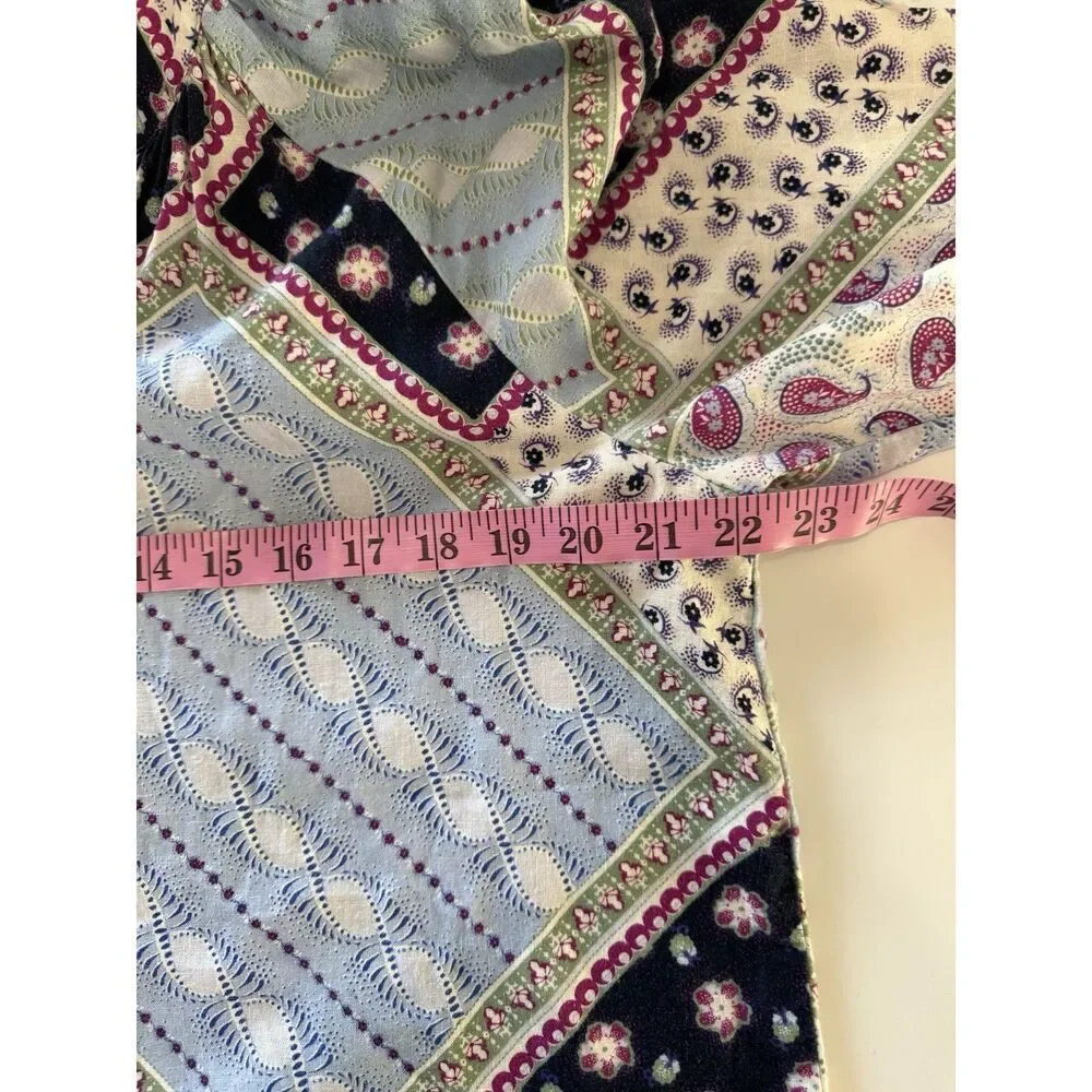 Loft Linen Blend Patchwork Blouse Top Balloon Sleeve Peasant Floral‎ Paisley Med